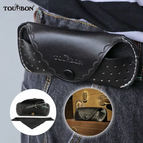 TOURBON Leather Glasses Case Slim Eyeglasses Storage Holder with Belt Loop-Black